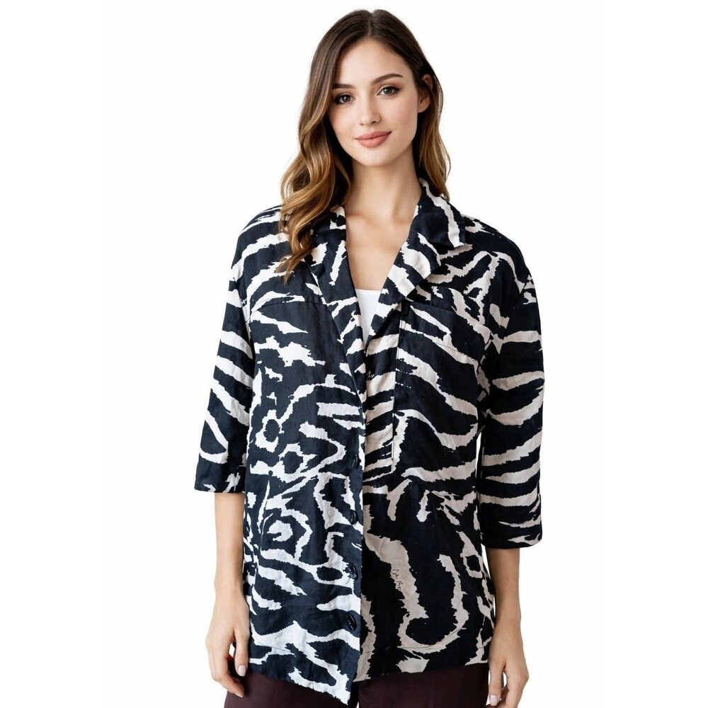 Copenhagen Muse Women’s Blouse Linen Shirt S Black White Zebra Button Modern Boh